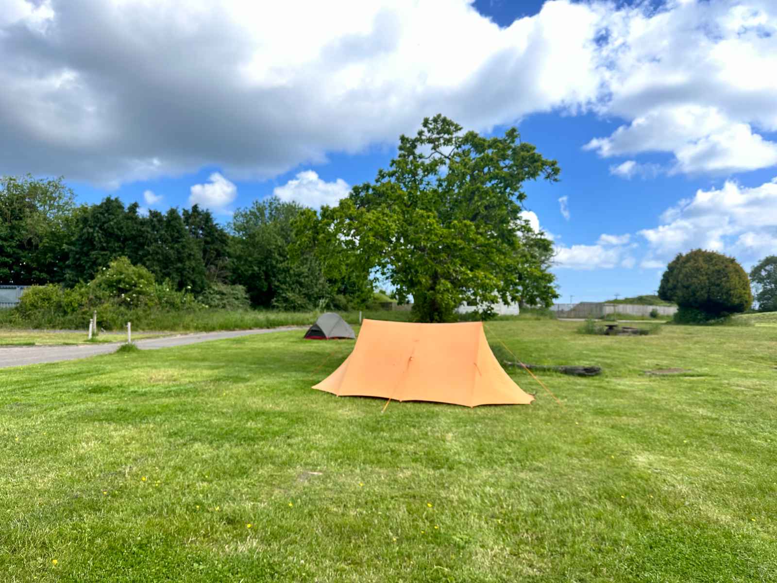 A solo tent pitched on a spacious grass pitch at Coast and Castles — ideal for cyclists and hikers